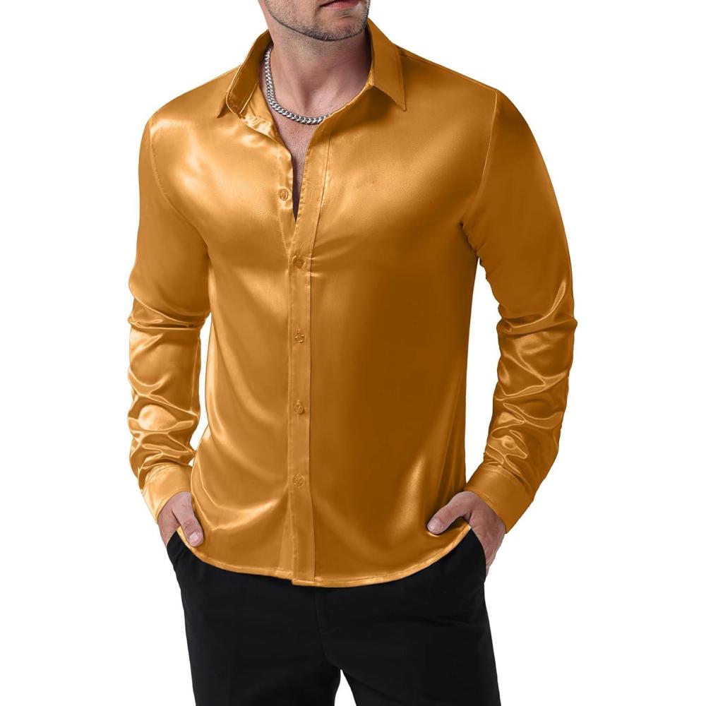 imageJEMITOP Mens Shiny Luxury Satin Slim Fit Dress Shirts SilkLike Glossy Long Sleeve Button Down Shirts for Wedding Party PromGold