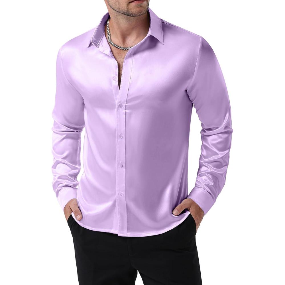 imageJEMITOP Mens Shiny Luxury Satin Slim Fit Dress Shirts SilkLike Glossy Long Sleeve Button Down Shirts for Wedding Party PromLavender Purple