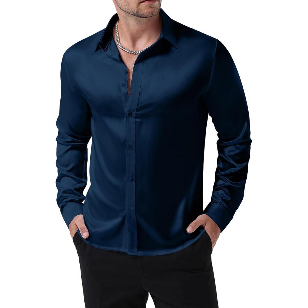 imageJEMITOP Mens Shiny Luxury Satin Slim Fit Dress Shirts SilkLike Glossy Long Sleeve Button Down Shirts for Wedding Party PromNavy Blue