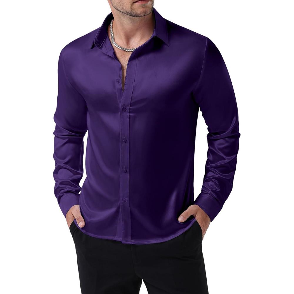 imageJEMITOP Mens Shiny Luxury Satin Slim Fit Dress Shirts SilkLike Glossy Long Sleeve Button Down Shirts for Wedding Party PromPurple