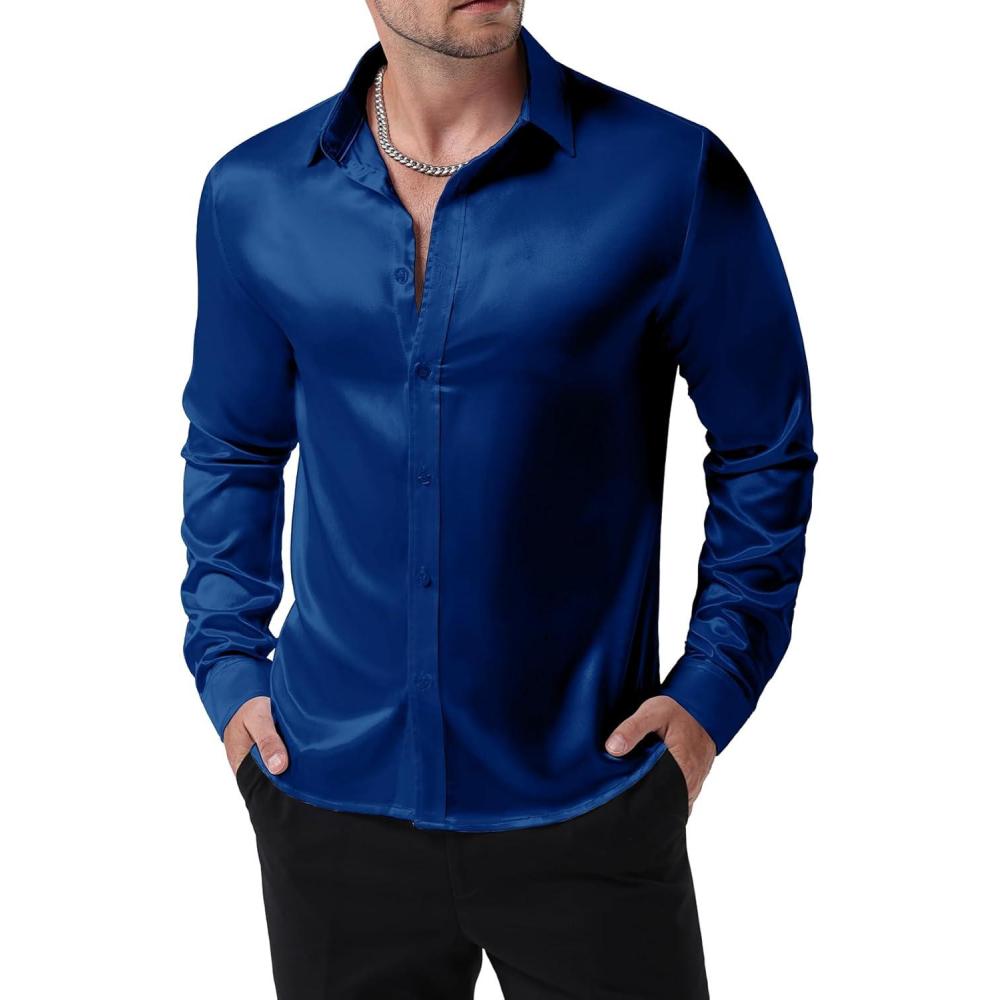 imageJEMITOP Mens Shiny Luxury Satin Slim Fit Dress Shirts SilkLike Glossy Long Sleeve Button Down Shirts for Wedding Party PromRoyal Blue
