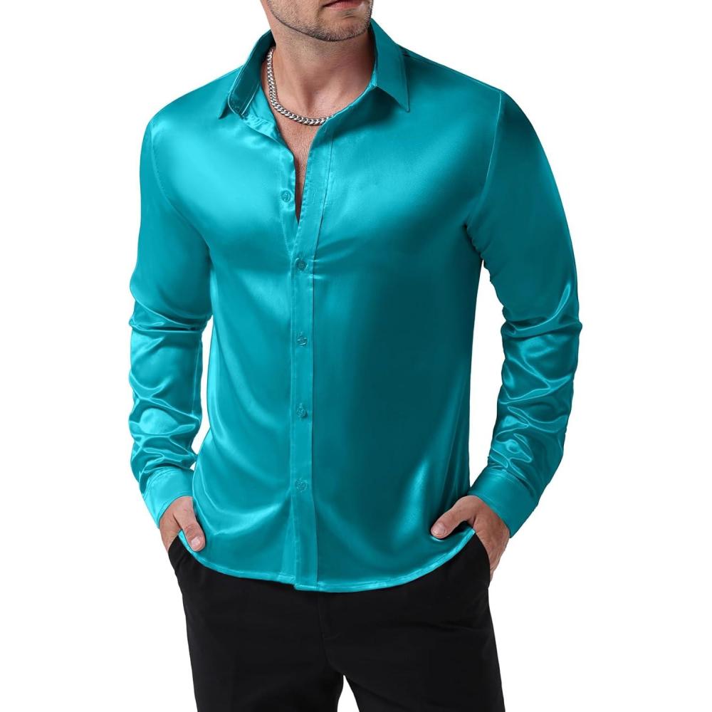 imageJEMITOP Mens Shiny Luxury Satin Slim Fit Dress Shirts SilkLike Glossy Long Sleeve Button Down Shirts for Wedding Party PromTeal