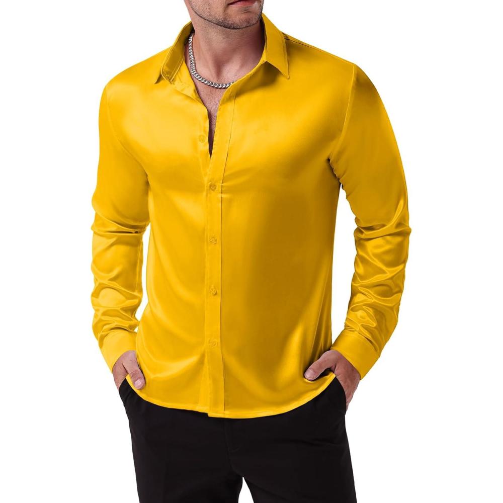 imageJEMITOP Mens Shiny Luxury Satin Slim Fit Dress Shirts SilkLike Glossy Long Sleeve Button Down Shirts for Wedding Party PromYellow