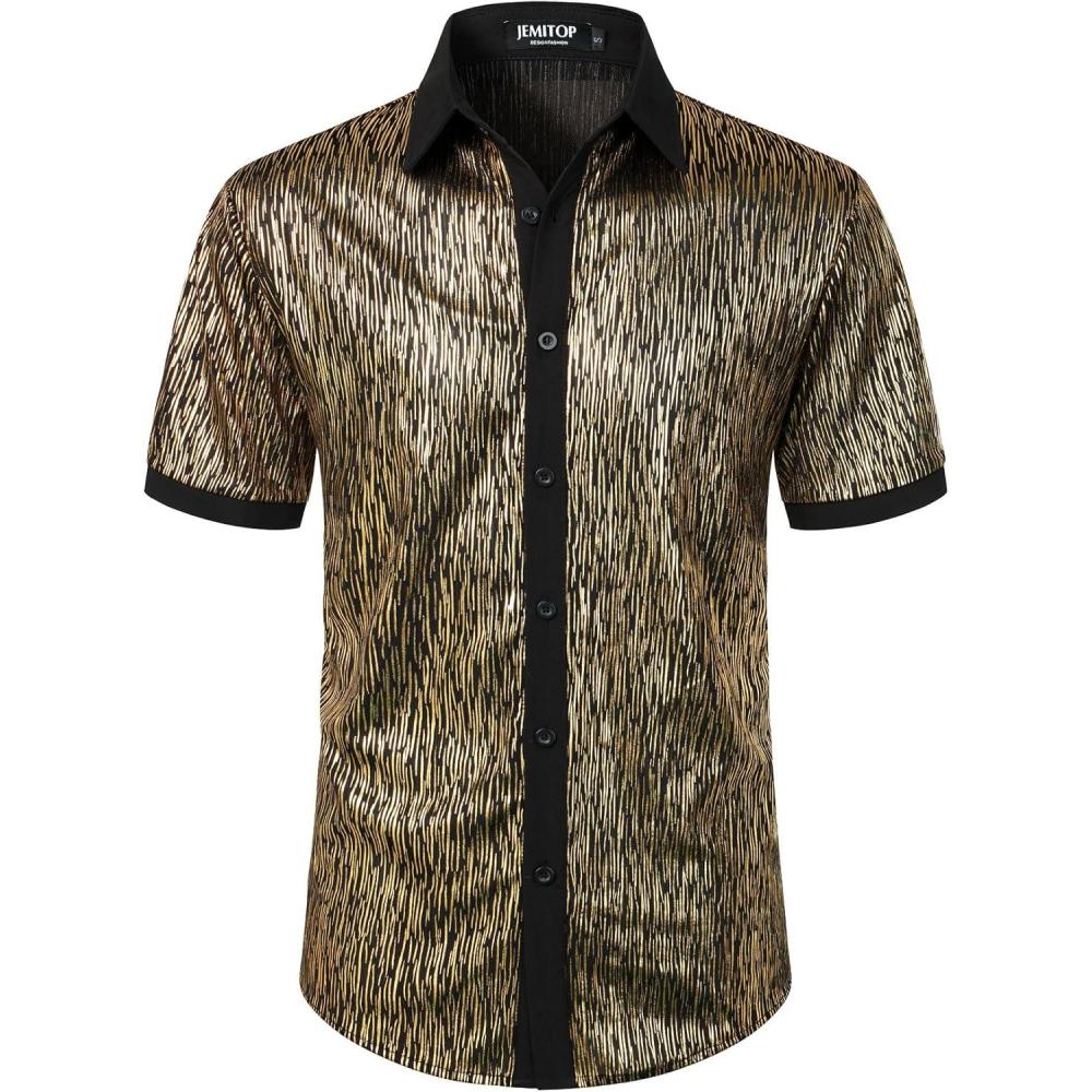 imageJEMITOP Mens Shiny Metallic Sequin Stretchy Short Sleeve Button Down Shirts for 70s Disco Party HalloweenBlack Gold