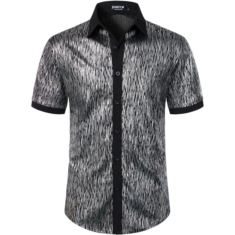 imageJEMITOP Mens Shiny Metallic Sequin Stretchy Short Sleeve Button Down Shirts for 70s Disco Party HalloweenBlack Silver