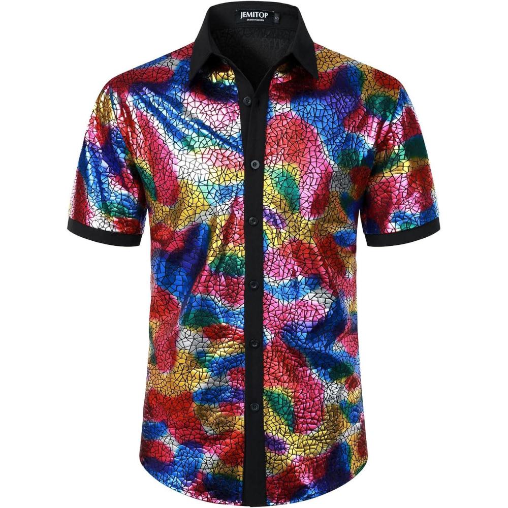 imageJEMITOP Mens Shiny Metallic Sequin Stretchy Short Sleeve Button Down Shirts for 70s Disco Party HalloweenMulticolor