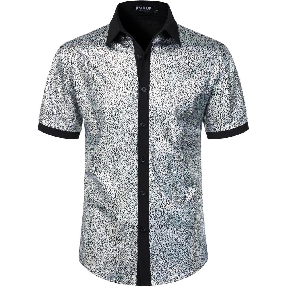 imageJEMITOP Mens Shiny Metallic Sequin Stretchy Short Sleeve Button Down Shirts for 70s Disco Party HalloweenSilver