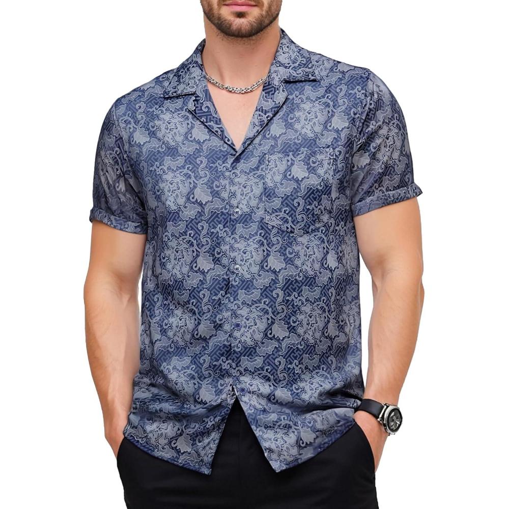 imageJEMITOP Mens Shiny Satin SilkLike Designer Shirt Summer Regular Fit Short Sleeve Button Up Floral Shirt with PocketBlue