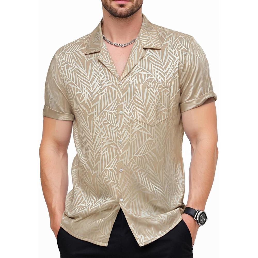 imageJEMITOP Mens Shiny Satin SilkLike Designer Shirt Summer Regular Fit Short Sleeve Button Up Floral Shirt with PocketChamagne Gold