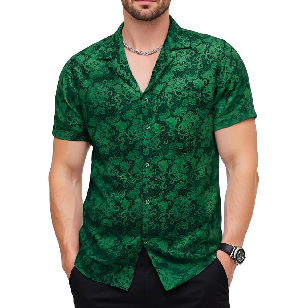 imageJEMITOP Mens Shiny Satin SilkLike Designer Shirt Summer Regular Fit Short Sleeve Button Up Floral Shirt with PocketGreen