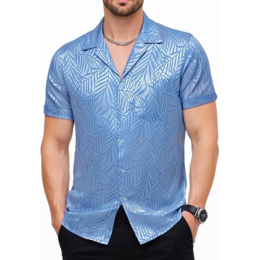 imageJEMITOP Mens Shiny Satin SilkLike Designer Shirt Summer Regular Fit Short Sleeve Button Up Floral Shirt with PocketLight Blue
