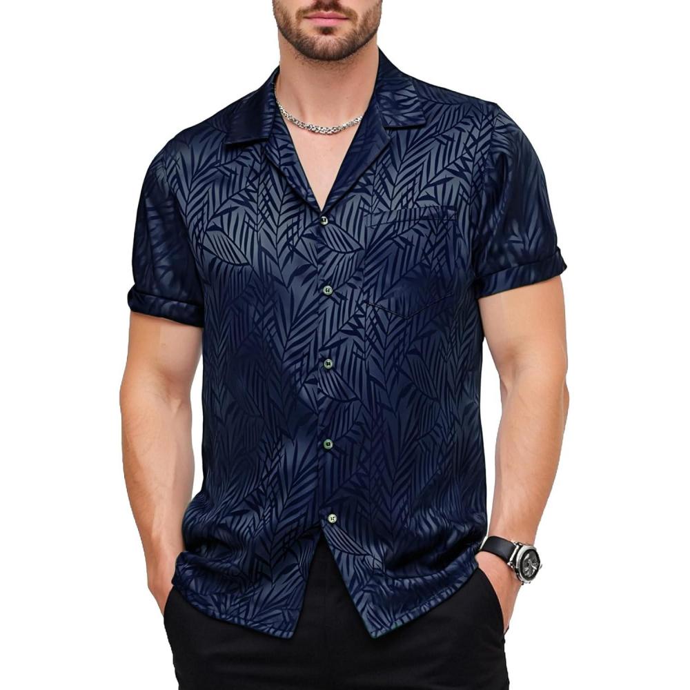imageJEMITOP Mens Shiny Satin SilkLike Designer Shirt Summer Regular Fit Short Sleeve Button Up Floral Shirt with PocketNavy Blue
