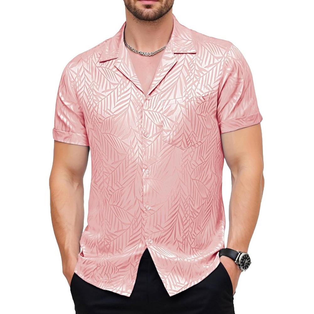 imageJEMITOP Mens Shiny Satin SilkLike Designer Shirt Summer Regular Fit Short Sleeve Button Up Floral Shirt with PocketPink