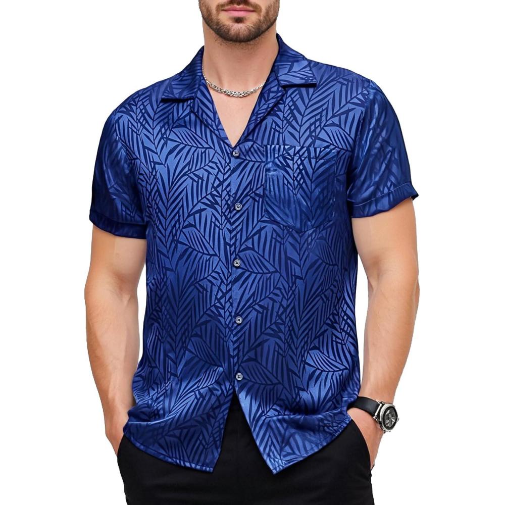 imageJEMITOP Mens Shiny Satin SilkLike Designer Shirt Summer Regular Fit Short Sleeve Button Up Floral Shirt with PocketRoyal Blue