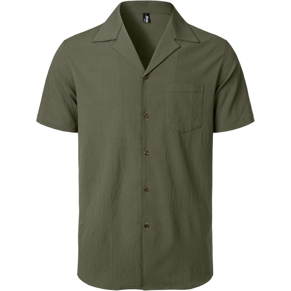 imageJEMITOP Mens Stretch Cuban Collar Shirt Summer Lightweight Short Sleeve Button Down Shirts with Pocket for Beach VacationArmy Green