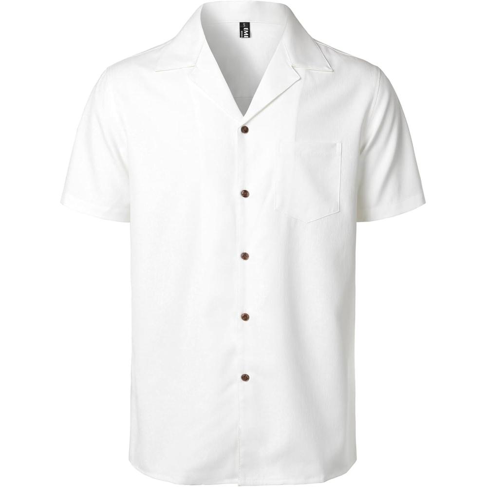 imageJEMITOP Mens Stretch Cuban Collar Shirt Summer Lightweight Short Sleeve Button Down Shirts with Pocket for Beach VacationCream White