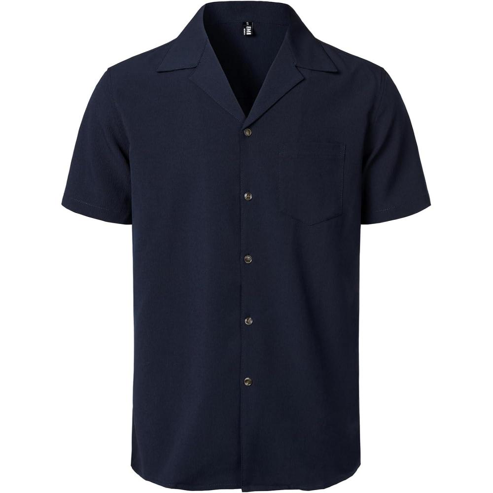 imageJEMITOP Mens Stretch Cuban Collar Shirt Summer Lightweight Short Sleeve Button Down Shirts with Pocket for Beach VacationNavy Blue