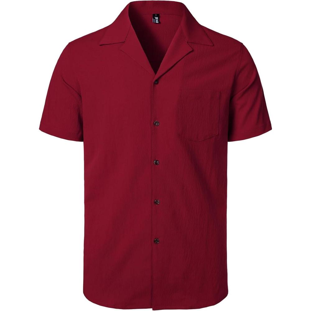 imageJEMITOP Mens Stretch Cuban Collar Shirt Summer Lightweight Short Sleeve Button Down Shirts with Pocket for Beach VacationRed