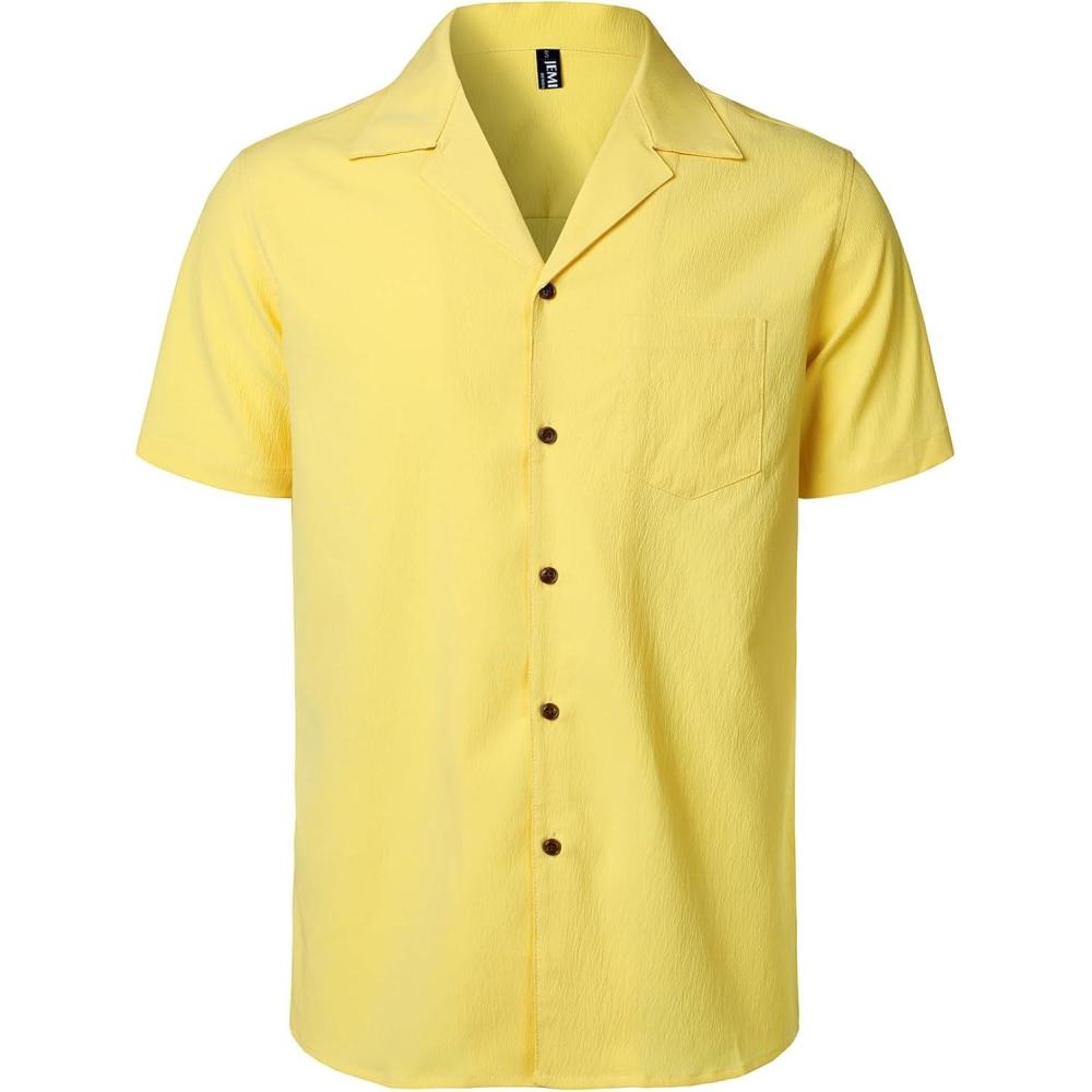 imageJEMITOP Mens Stretch Cuban Collar Shirt Summer Lightweight Short Sleeve Button Down Shirts with Pocket for Beach VacationYellow