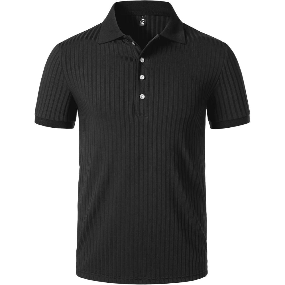 imageJEMITOP Mens Stretch Knit Slim Fit Polo Shirts Casual Short Sleeve Ribbed Collar Muscle Golf ShirtBlack