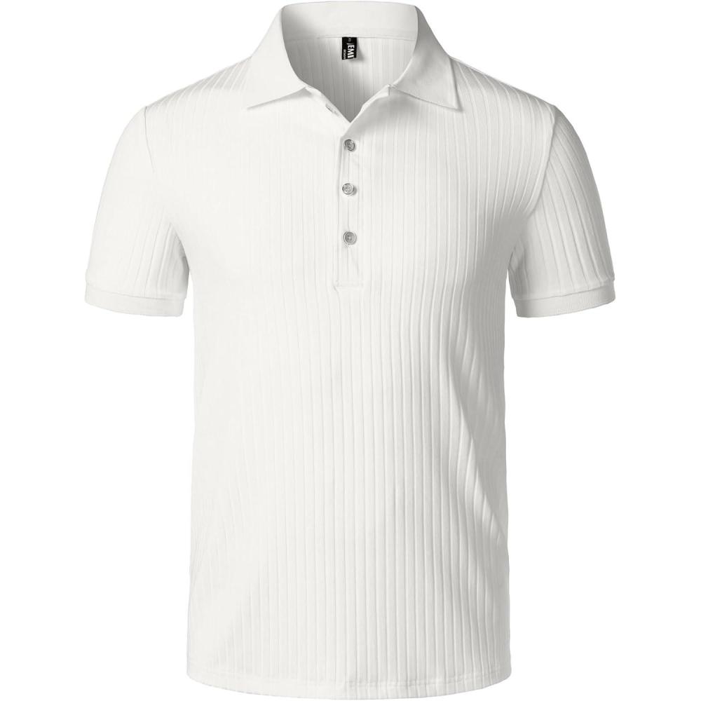 imageJEMITOP Mens Stretch Knit Slim Fit Polo Shirts Casual Short Sleeve Ribbed Collar Muscle Golf ShirtCream White
