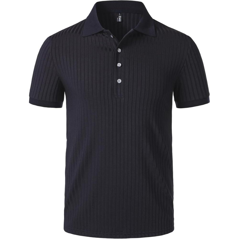 imageJEMITOP Mens Stretch Knit Slim Fit Polo Shirts Casual Short Sleeve Ribbed Collar Muscle Golf ShirtNavy Blue