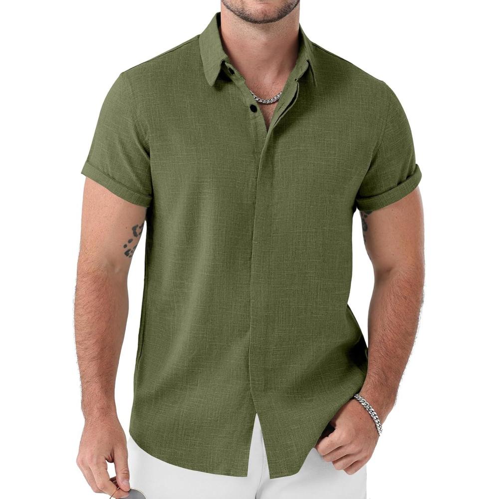 imageJEMITOP Mens Stretch LinenLike Short Sleeve Button Down Shirts Summer Casual Beach Vacation Wedding Texture ShirtArmy Green
