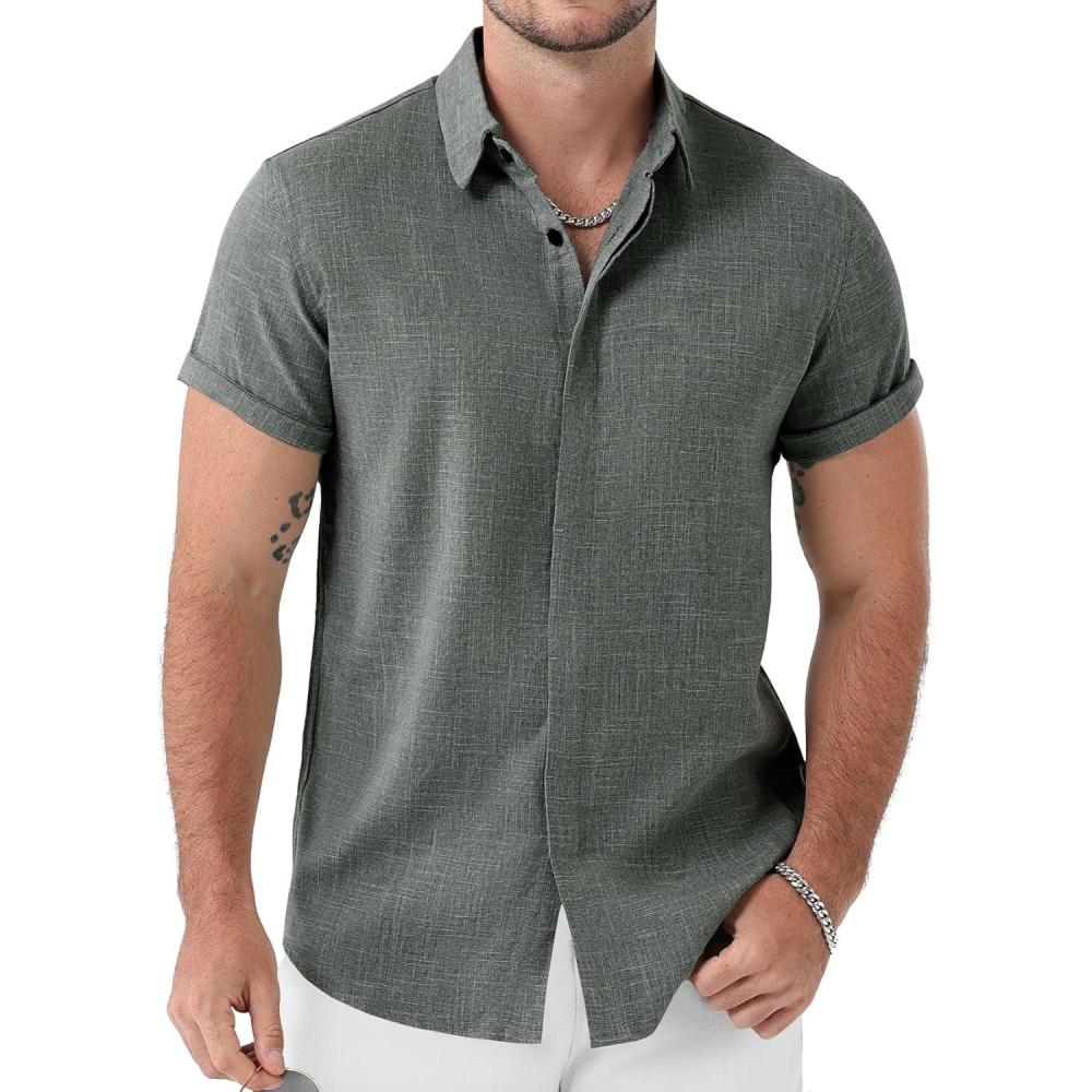 imageJEMITOP Mens Stretch LinenLike Short Sleeve Button Down Shirts Summer Casual Beach Vacation Wedding Texture ShirtDark Green