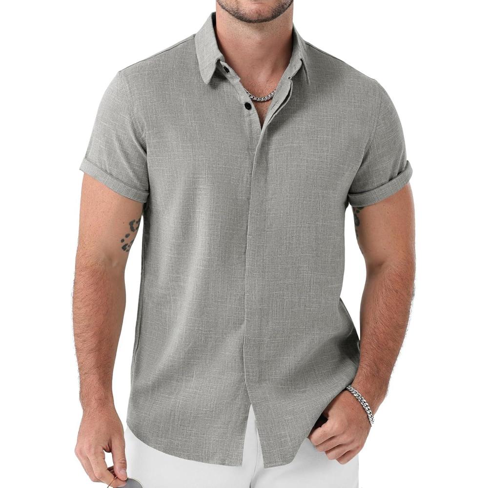imageJEMITOP Mens Stretch LinenLike Short Sleeve Button Down Shirts Summer Casual Beach Vacation Wedding Texture ShirtLight Grey