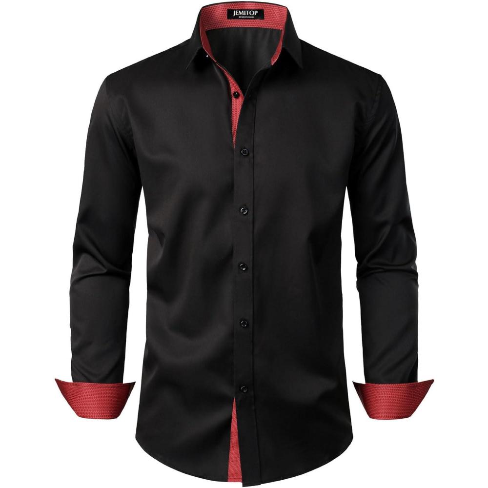 imageJEMITOP Mens Stretch MultiUse Long Sleeve Dress Shirts Party Prom Wedding Shirts with Slight SheenBlack