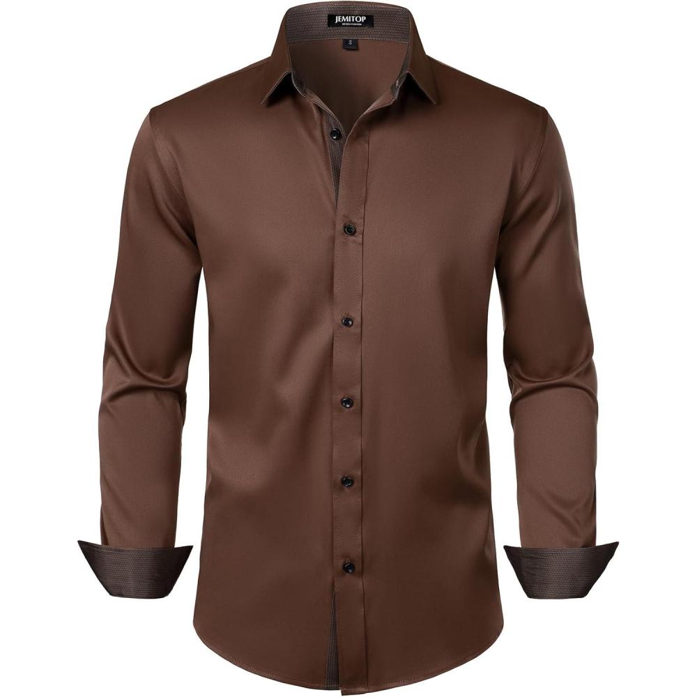 imageJEMITOP Mens Stretch MultiUse Long Sleeve Dress Shirts Party Prom Wedding Shirts with Slight SheenBrown
