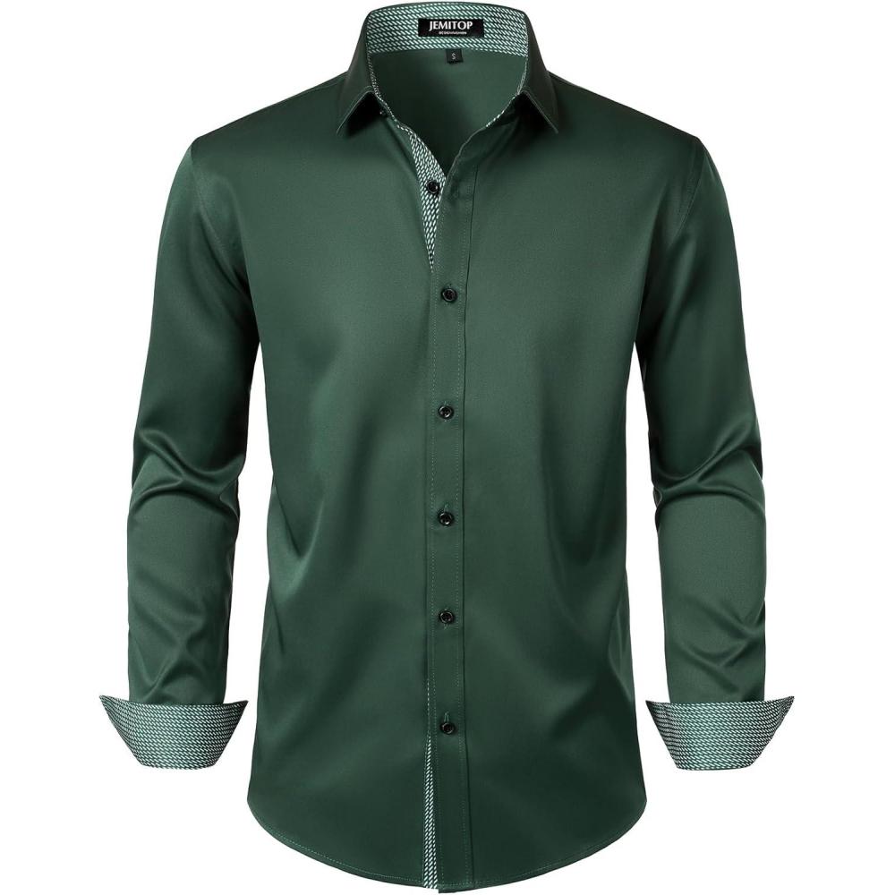 imageJEMITOP Mens Stretch MultiUse Long Sleeve Dress Shirts Party Prom Wedding Shirts with Slight SheenDark Green