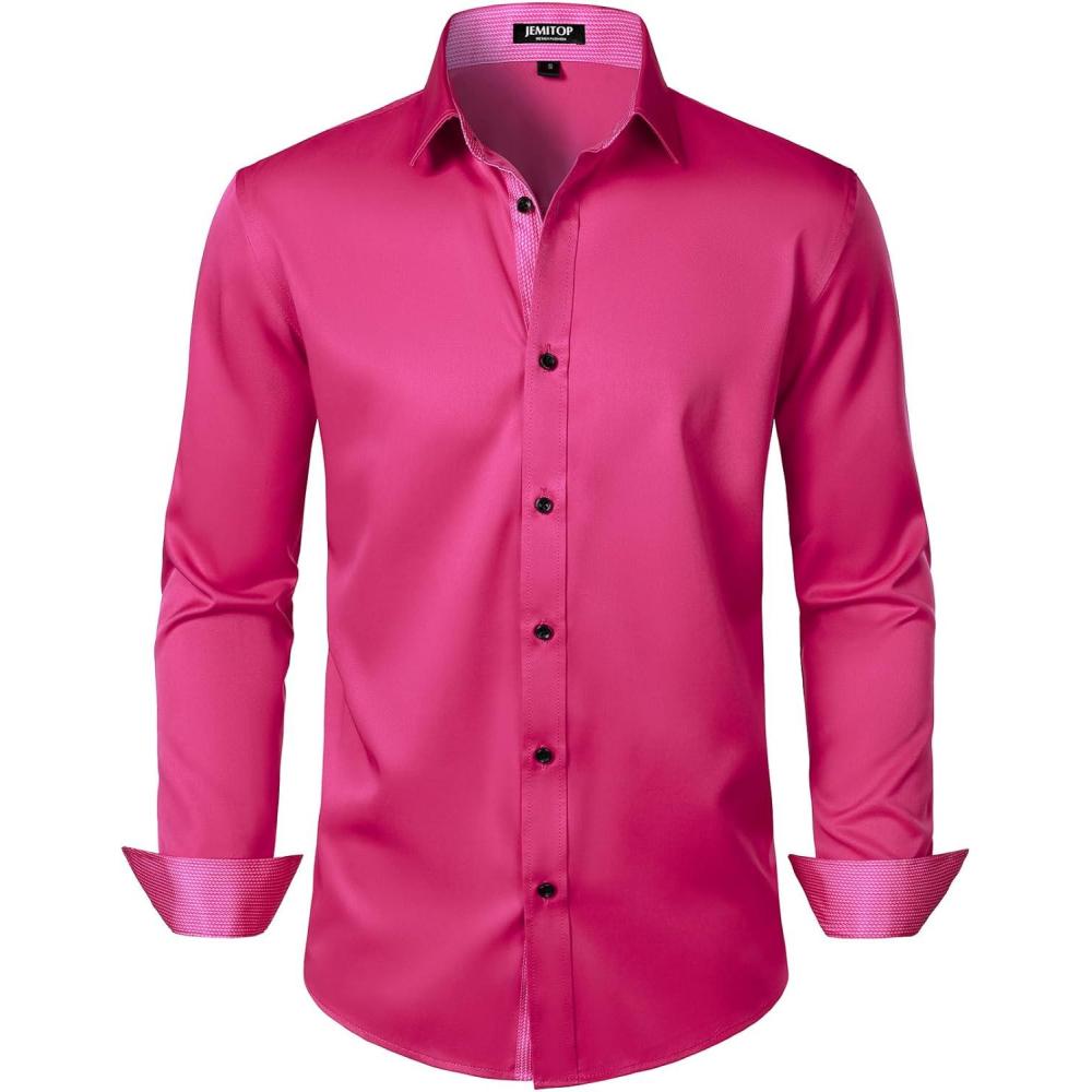 imageJEMITOP Mens Stretch MultiUse Long Sleeve Dress Shirts Party Prom Wedding Shirts with Slight SheenHot Pink