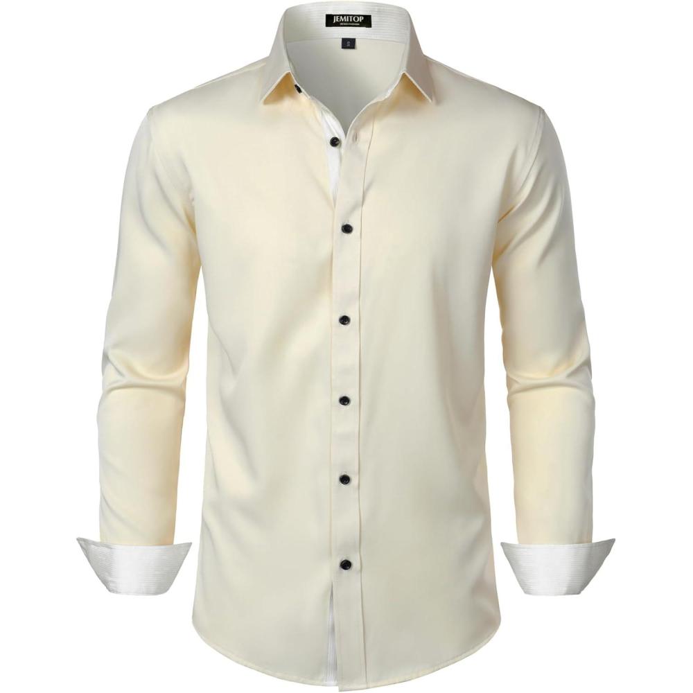 imageJEMITOP Mens Stretch MultiUse Long Sleeve Dress Shirts Party Prom Wedding Shirts with Slight SheenIvory