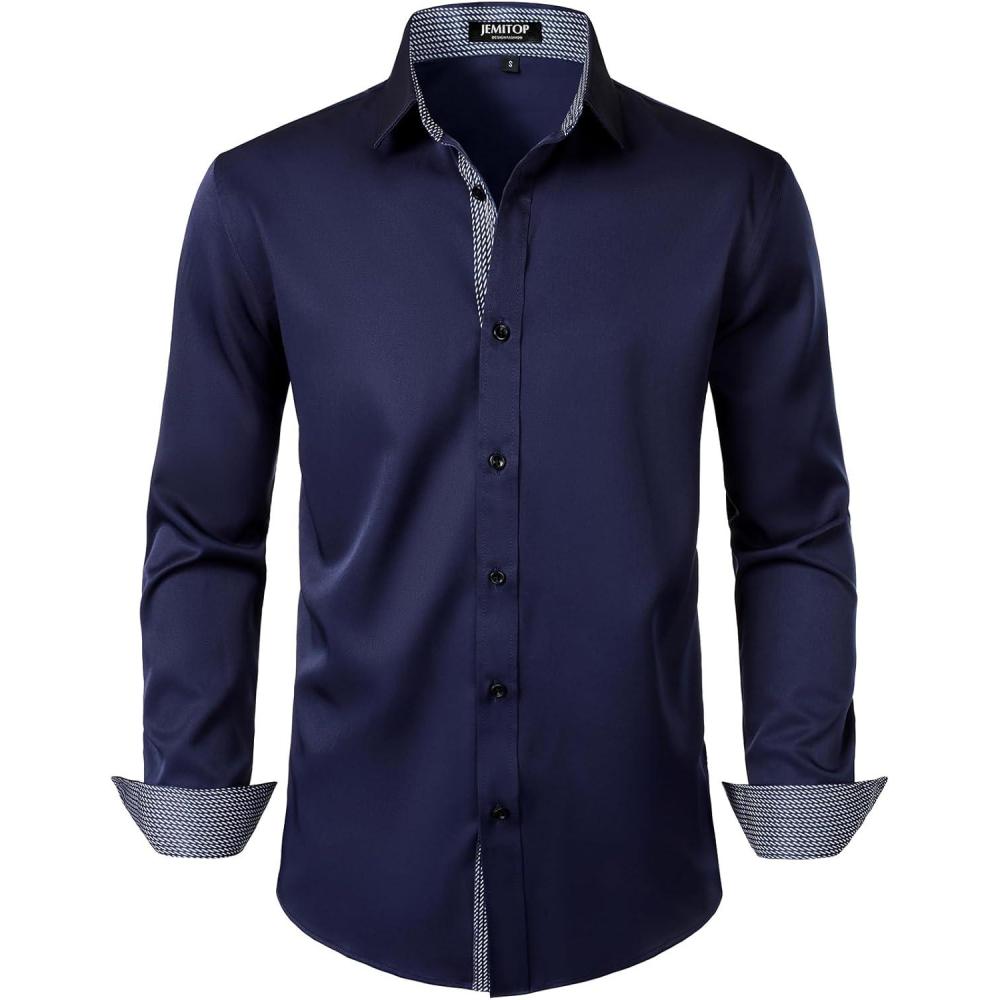 imageJEMITOP Mens Stretch MultiUse Long Sleeve Dress Shirts Party Prom Wedding Shirts with Slight SheenNavy Blue