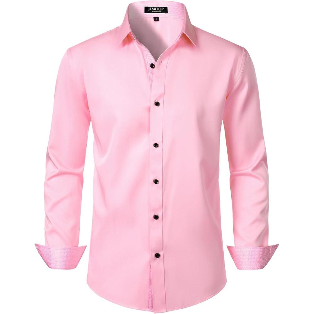 imageJEMITOP Mens Stretch MultiUse Long Sleeve Dress Shirts Party Prom Wedding Shirts with Slight SheenPink
