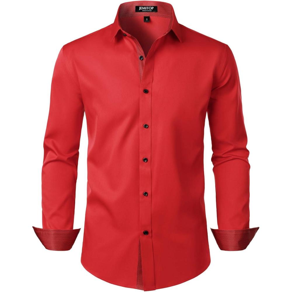 imageJEMITOP Mens Stretch MultiUse Long Sleeve Dress Shirts Party Prom Wedding Shirts with Slight SheenRed