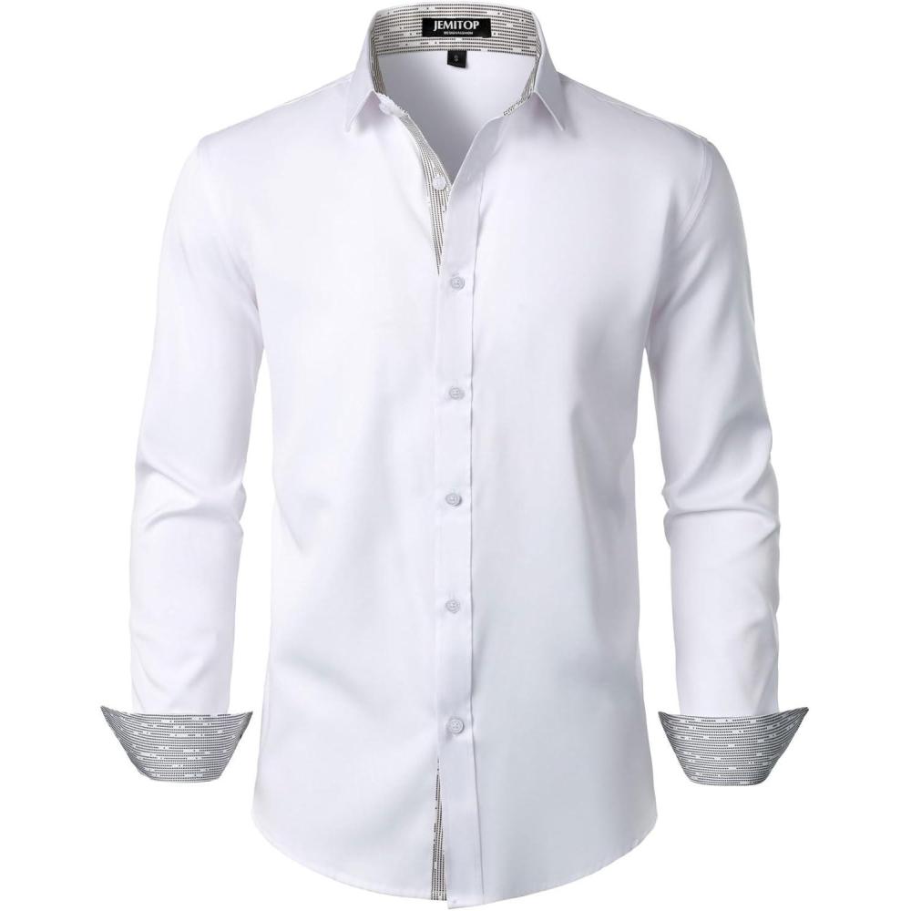 imageJEMITOP Mens Stretch MultiUse Long Sleeve Dress Shirts Party Prom Wedding Shirts with Slight SheenSolid White