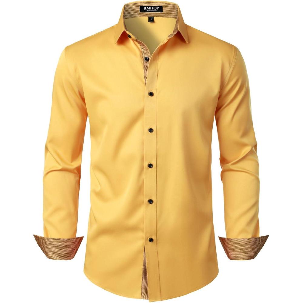 imageJEMITOP Mens Stretch MultiUse Long Sleeve Dress Shirts Party Prom Wedding Shirts with Slight SheenYellow