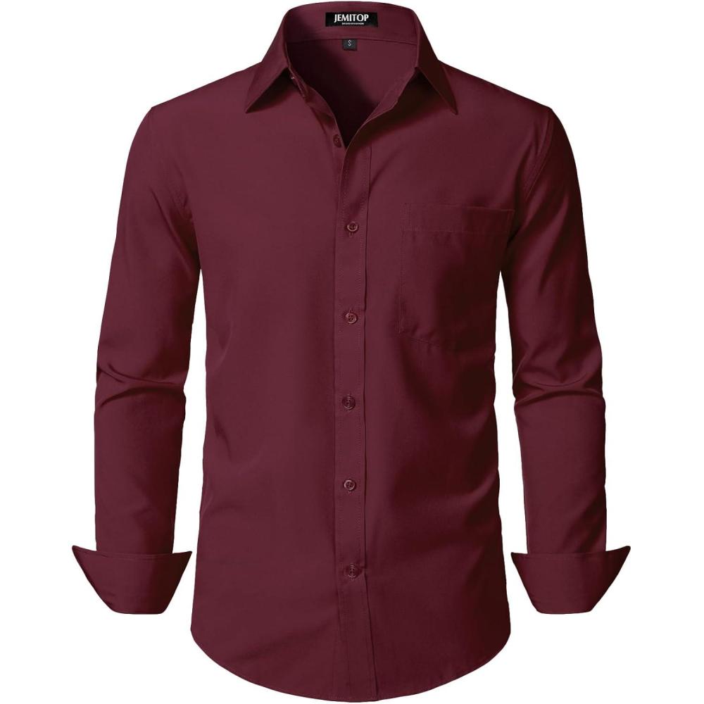 imageJEMITOP Mens Stretch Regular Fit Long Sleeve Dress Shirts Lightweight Business Casual Button Down Shirts with PocketBurgundy