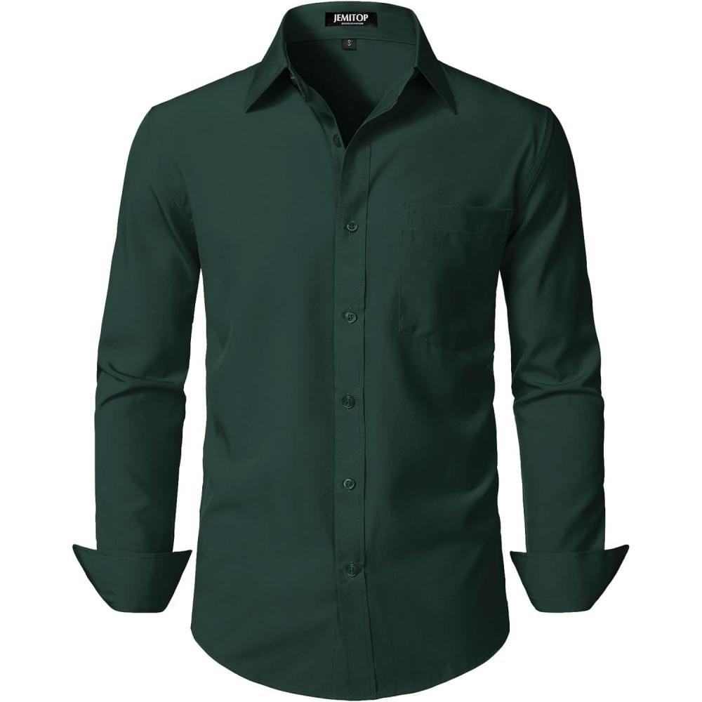 imageJEMITOP Mens Stretch Regular Fit Long Sleeve Dress Shirts Lightweight Business Casual Button Down Shirts with PocketDark Green