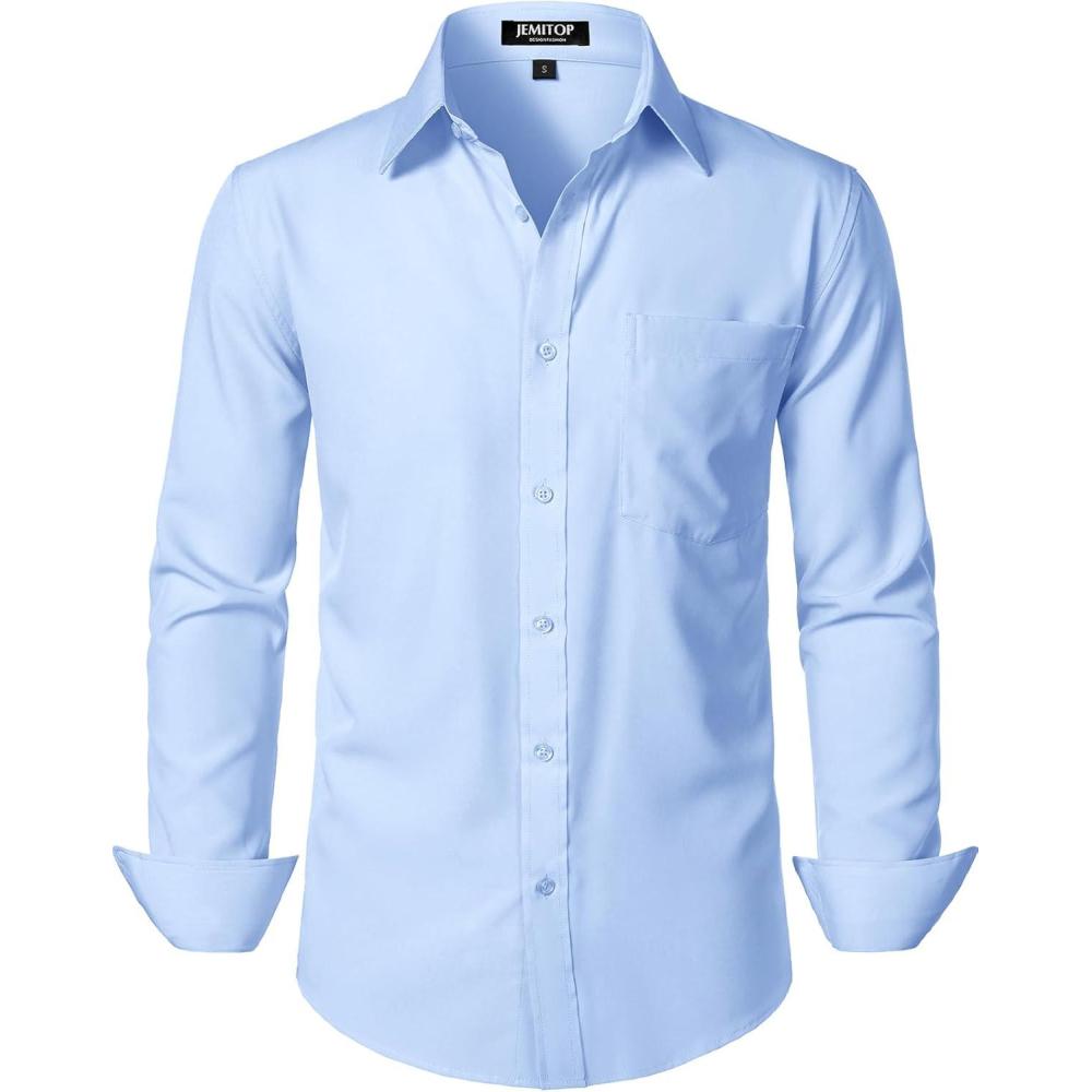 imageJEMITOP Mens Stretch Regular Fit Long Sleeve Dress Shirts Lightweight Business Casual Button Down Shirts with PocketLight Blue