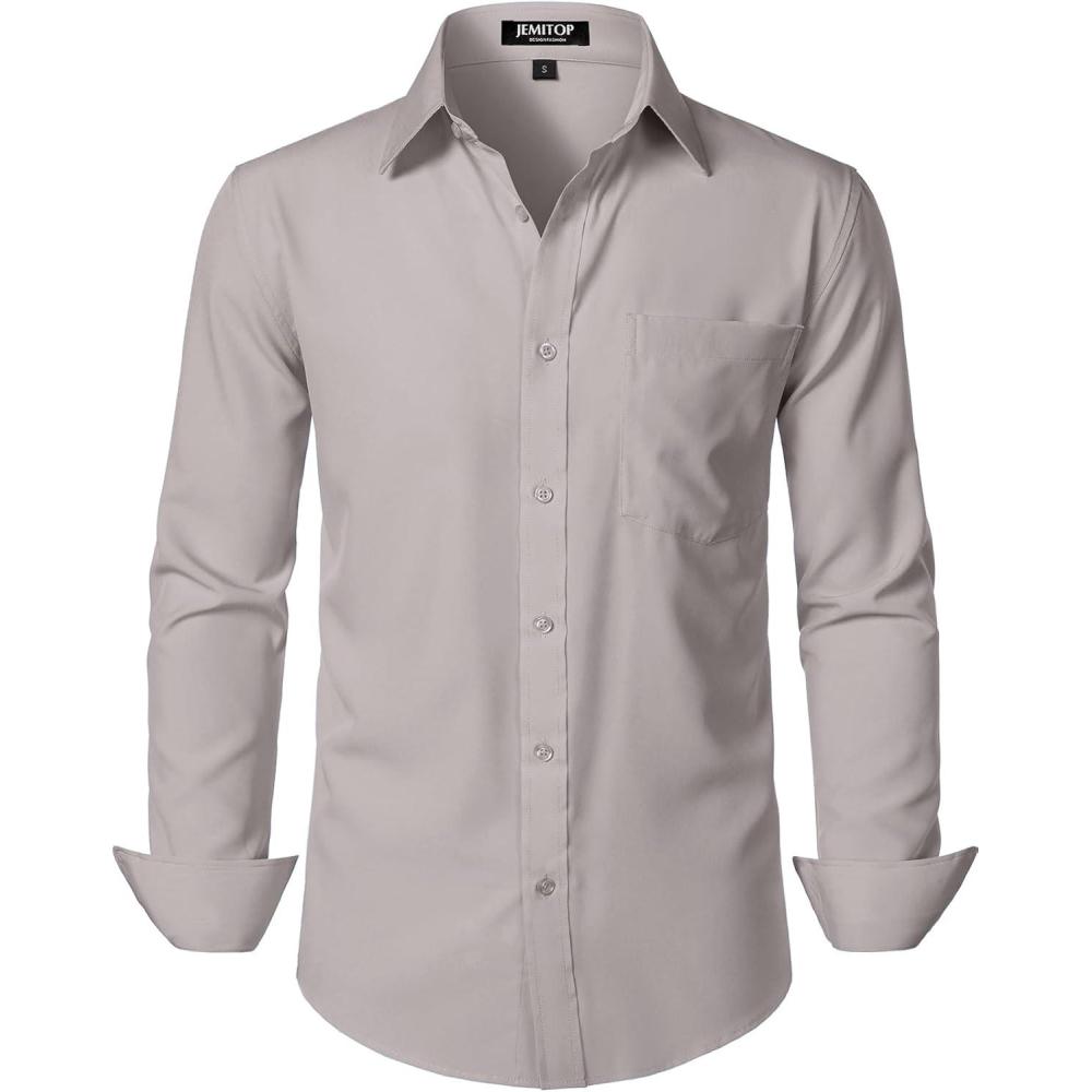 imageJEMITOP Mens Stretch Regular Fit Long Sleeve Dress Shirts Lightweight Business Casual Button Down Shirts with PocketLight Grey