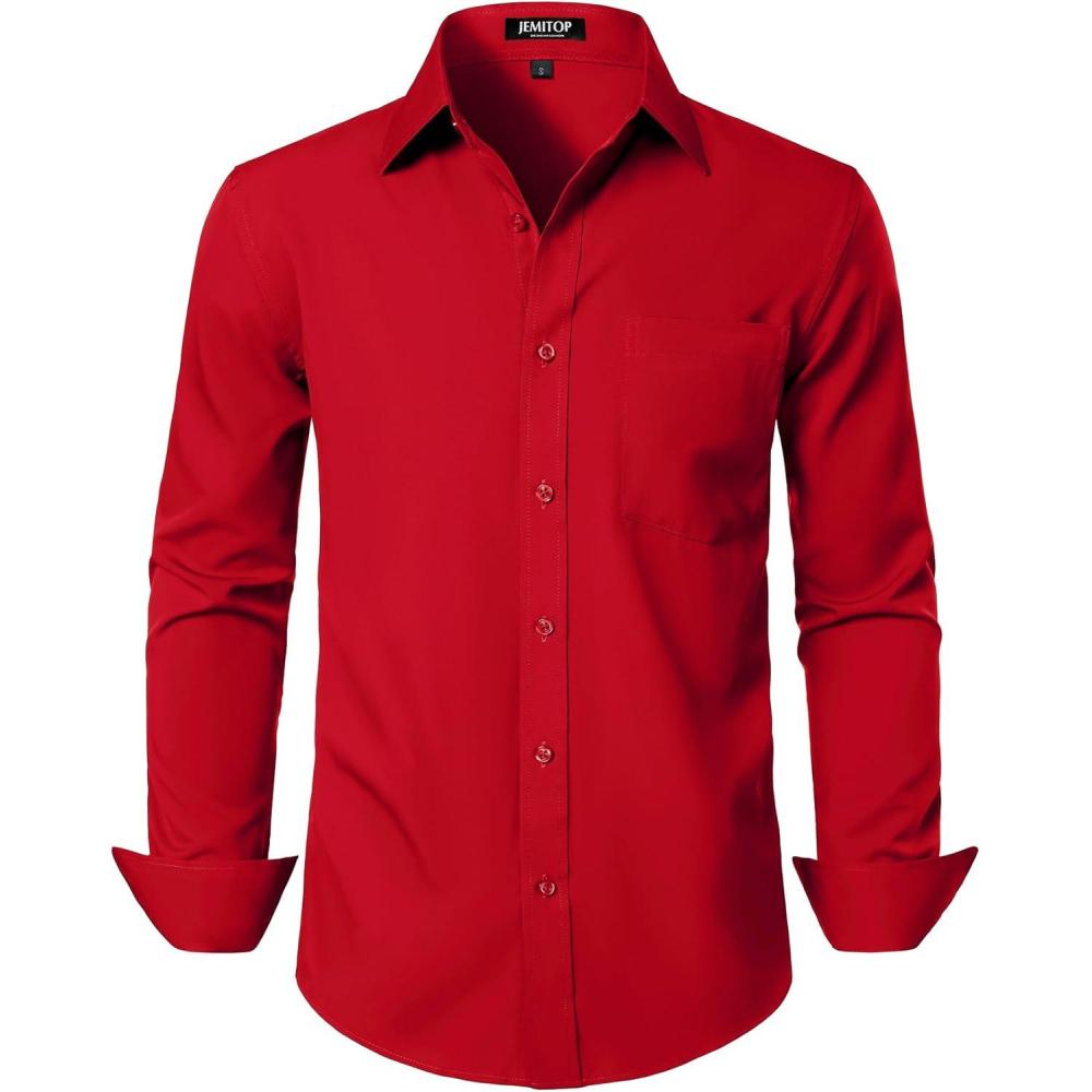 imageJEMITOP Mens Stretch Regular Fit Long Sleeve Dress Shirts Lightweight Business Casual Button Down Shirts with PocketRed