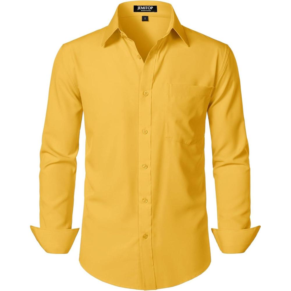 imageJEMITOP Mens Stretch Regular Fit Long Sleeve Dress Shirts Lightweight Business Casual Button Down Shirts with PocketYellow