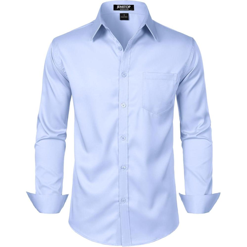 imageJEMITOP Mens Stretch Slim Fit Dress Shirts Formal Wedding Prom Business Long Sleeve Button Down Shirt with PocketBlue