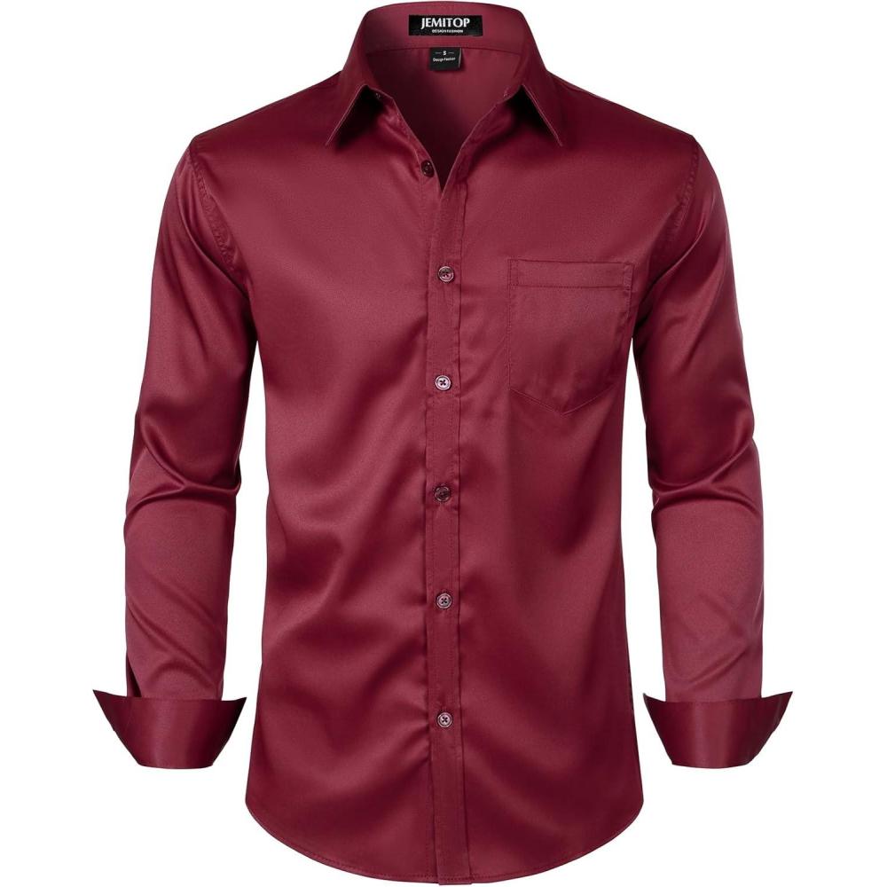 imageJEMITOP Mens Stretch Slim Fit Dress Shirts Formal Wedding Prom Business Long Sleeve Button Down Shirt with PocketBurgundy