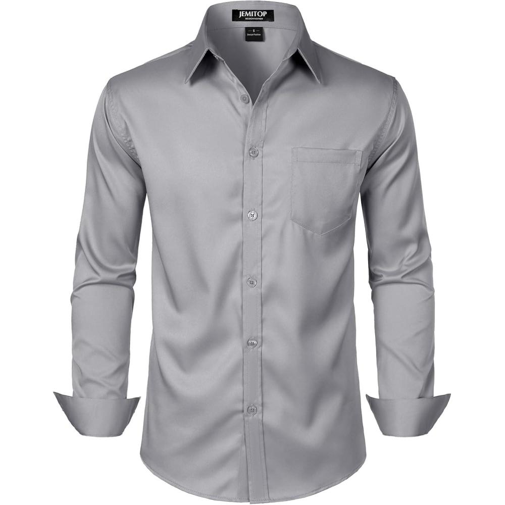 imageJEMITOP Mens Stretch Slim Fit Dress Shirts Formal Wedding Prom Business Long Sleeve Button Down Shirt with PocketGrey