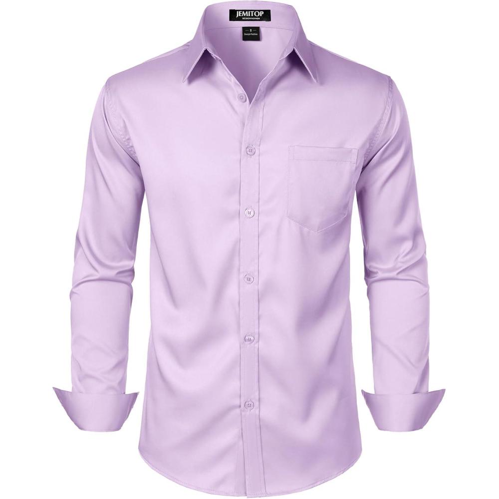 imageJEMITOP Mens Stretch Slim Fit Dress Shirts Formal Wedding Prom Business Long Sleeve Button Down Shirt with PocketLavender Purple