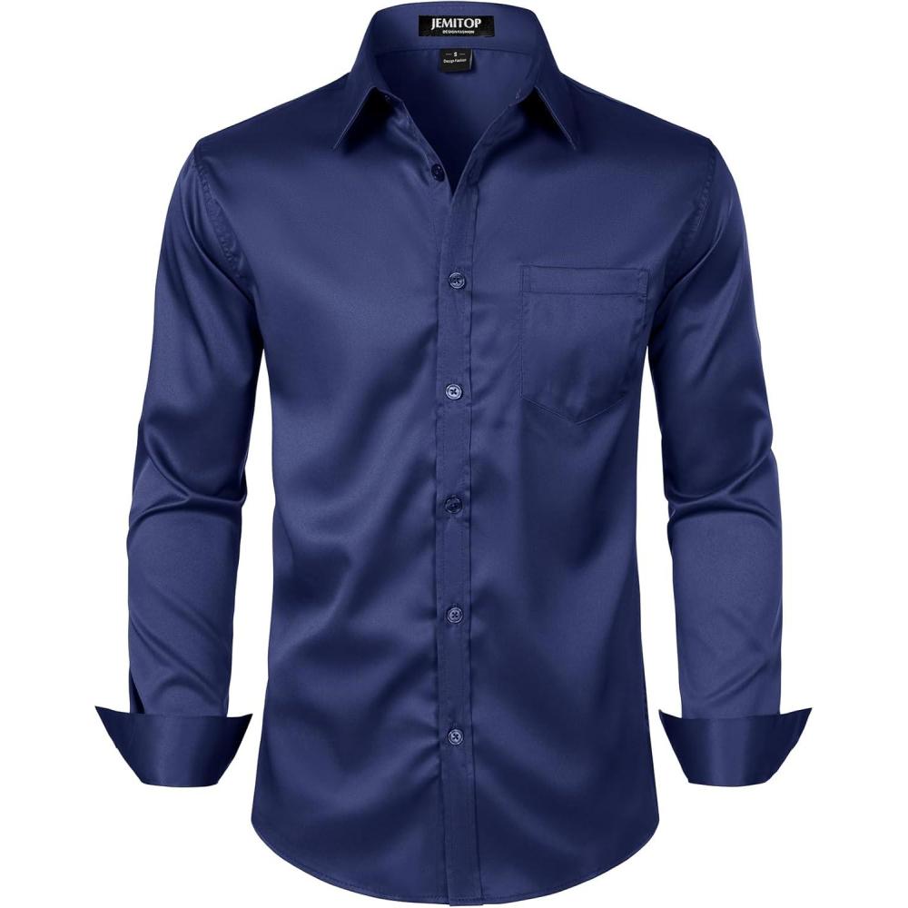 imageJEMITOP Mens Stretch Slim Fit Dress Shirts Formal Wedding Prom Business Long Sleeve Button Down Shirt with PocketNavy Blue